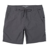 A pair of gray hybrid shorts with a drawstring waistband, mesh lined hand pockets, and a zip stash pocket on the front.