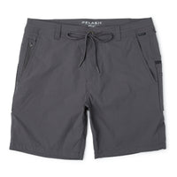 A pair of gray hybrid shorts with a drawstring waistband, mesh lined hand pockets, and a zip stash pocket on the front.
