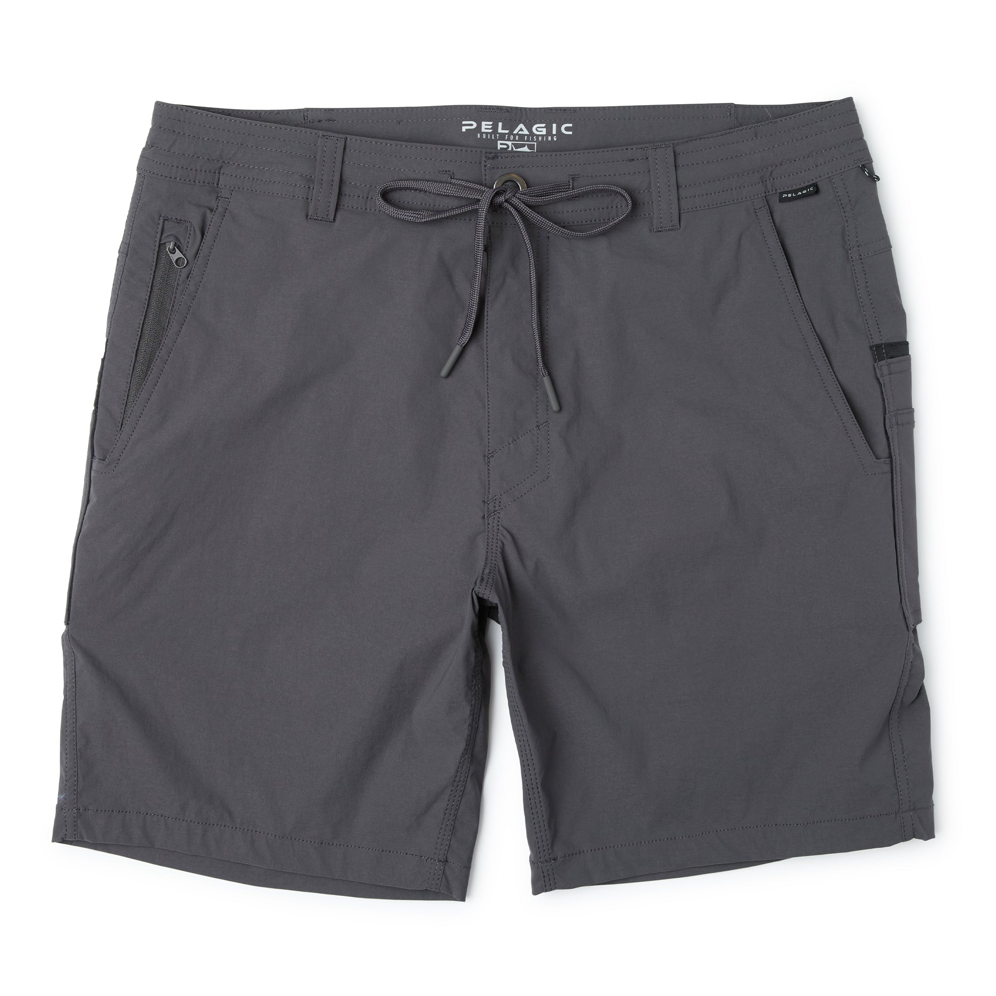 A pair of gray hybrid shorts with a drawstring waistband, mesh lined hand pockets, and a zip stash pocket on the front.