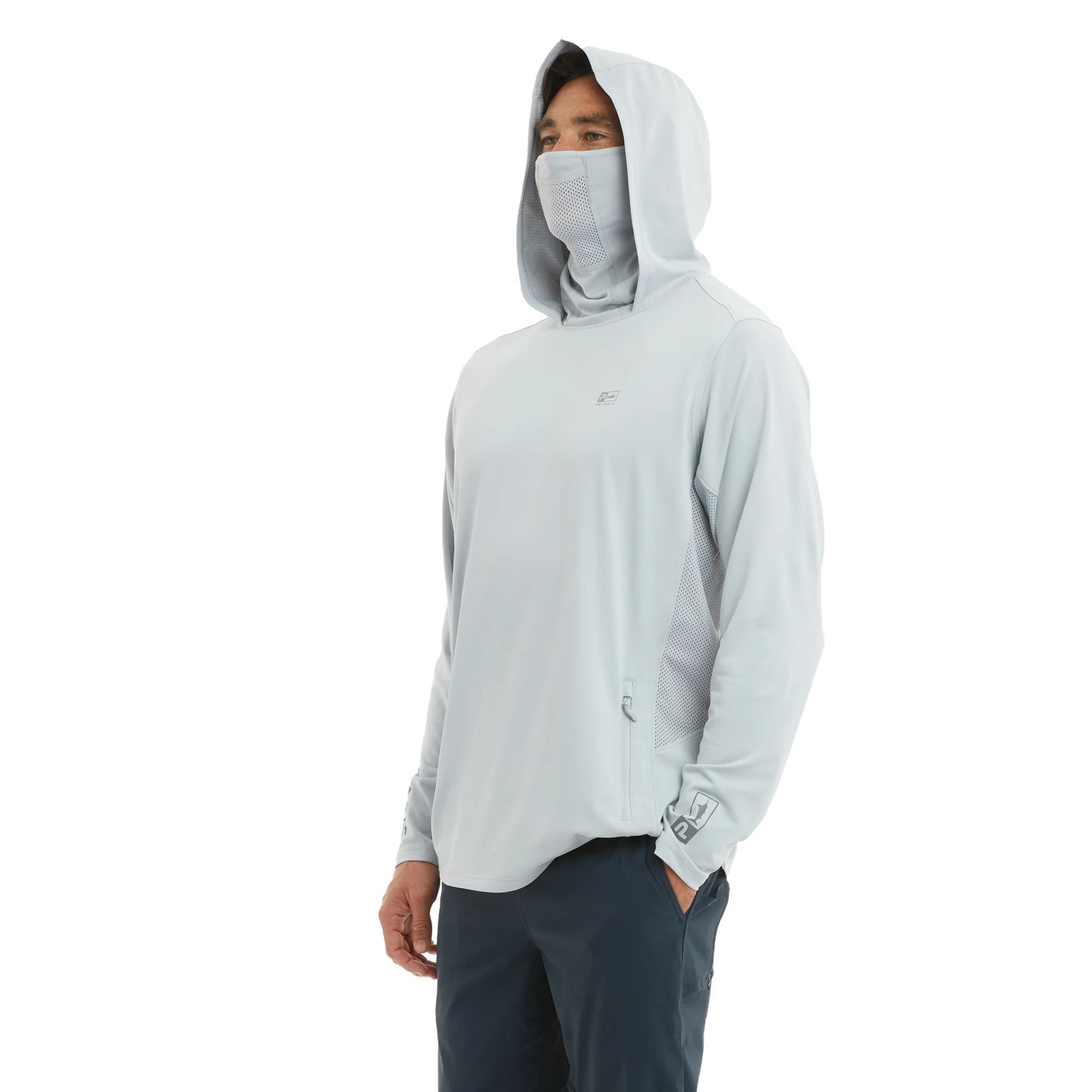 Man wearing a Exo-Tech light grey hooded long sleeve fishing shirt with a face mask
