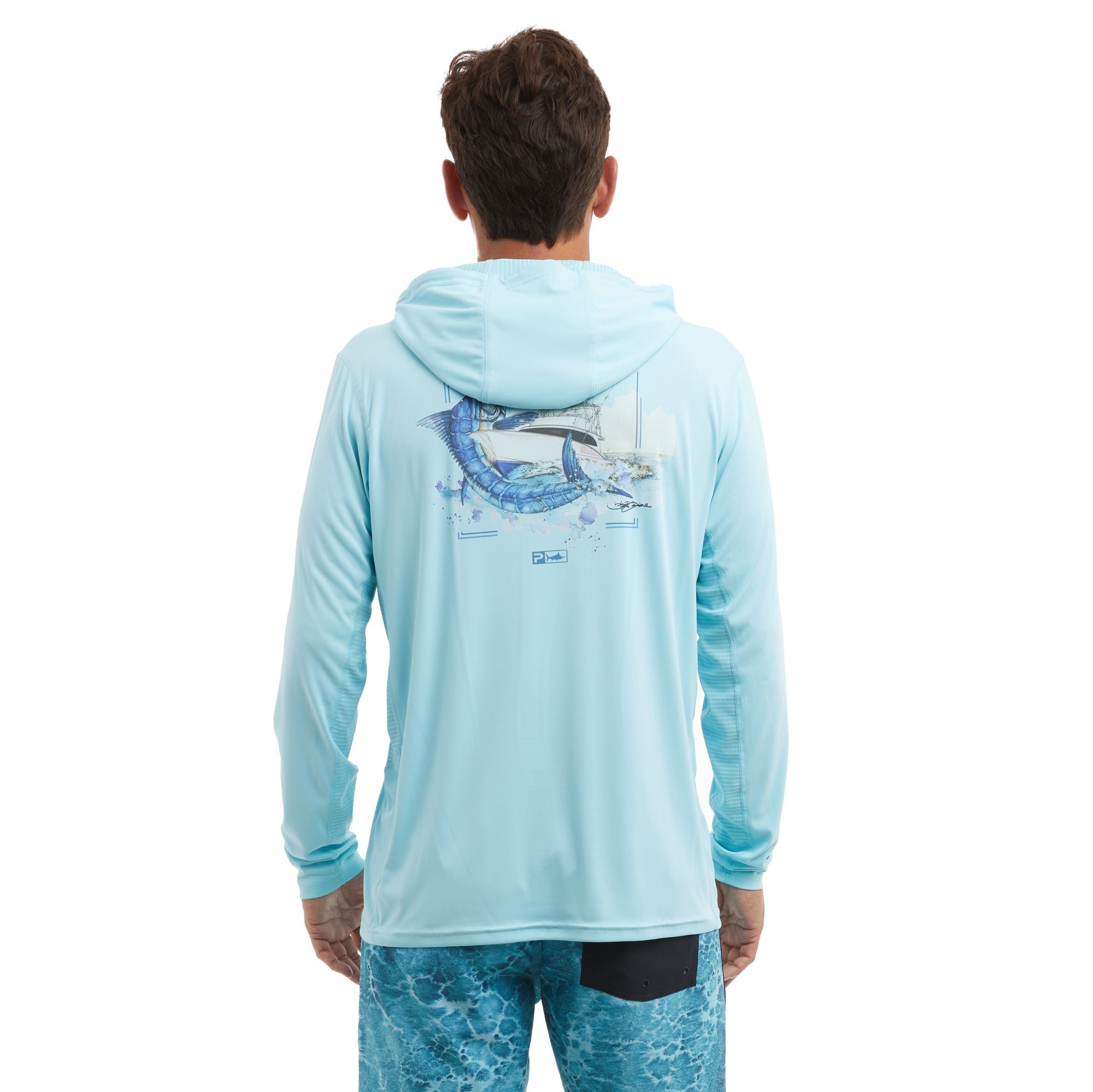 Vaportek Hooded Men's Fishing Shirt Long Sleeve Goione Boat Back Model