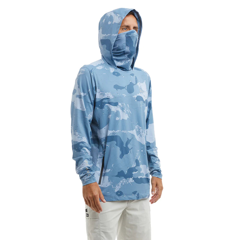 Pelagic Men's long Sleeve Hooded Fishing Shirt UPF50+ Exo-Tech Brush Camo Model