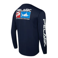 Dark blue men's fishing shirt, long sleeve UV UPF50+ From Pelagic Australia with logo