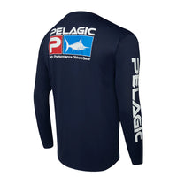 Dark blue men's fishing shirt, long sleeve UV UPF50+ From Pelagic Australia with logo