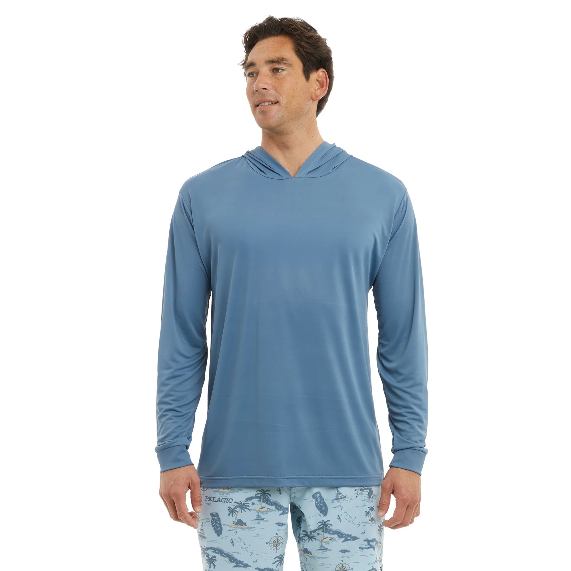 Man wearing Plain blue long-sleeve hooded fishing shirt