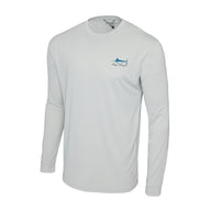 White long-sleeve fishing shirt with a marlin logo on a white background