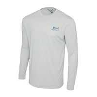White long-sleeve fishing shirt with a marlin logo on a white background