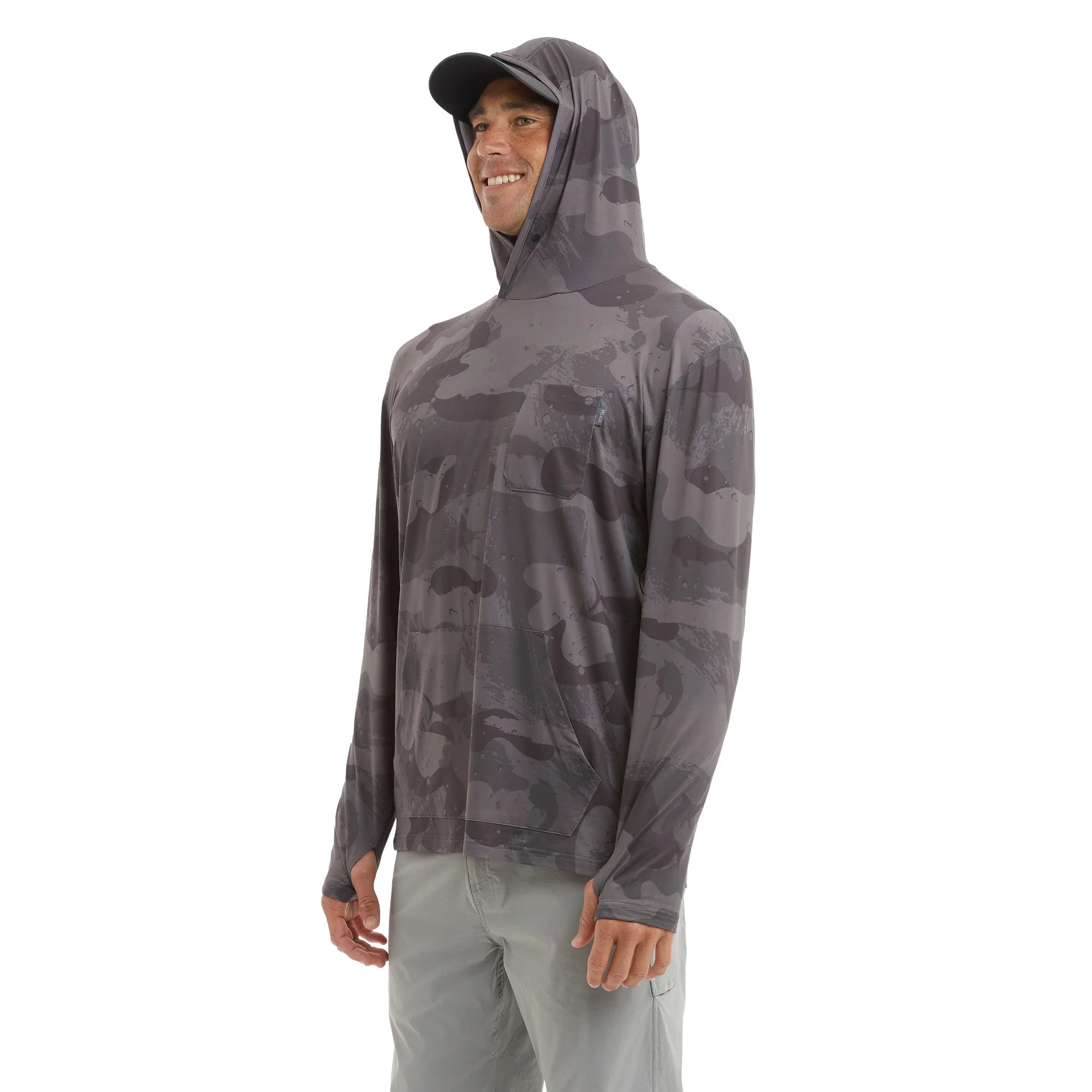 Men's Freespool camouflage hooded long sleeve fishing shirt with kangaroo pockets and front pocket