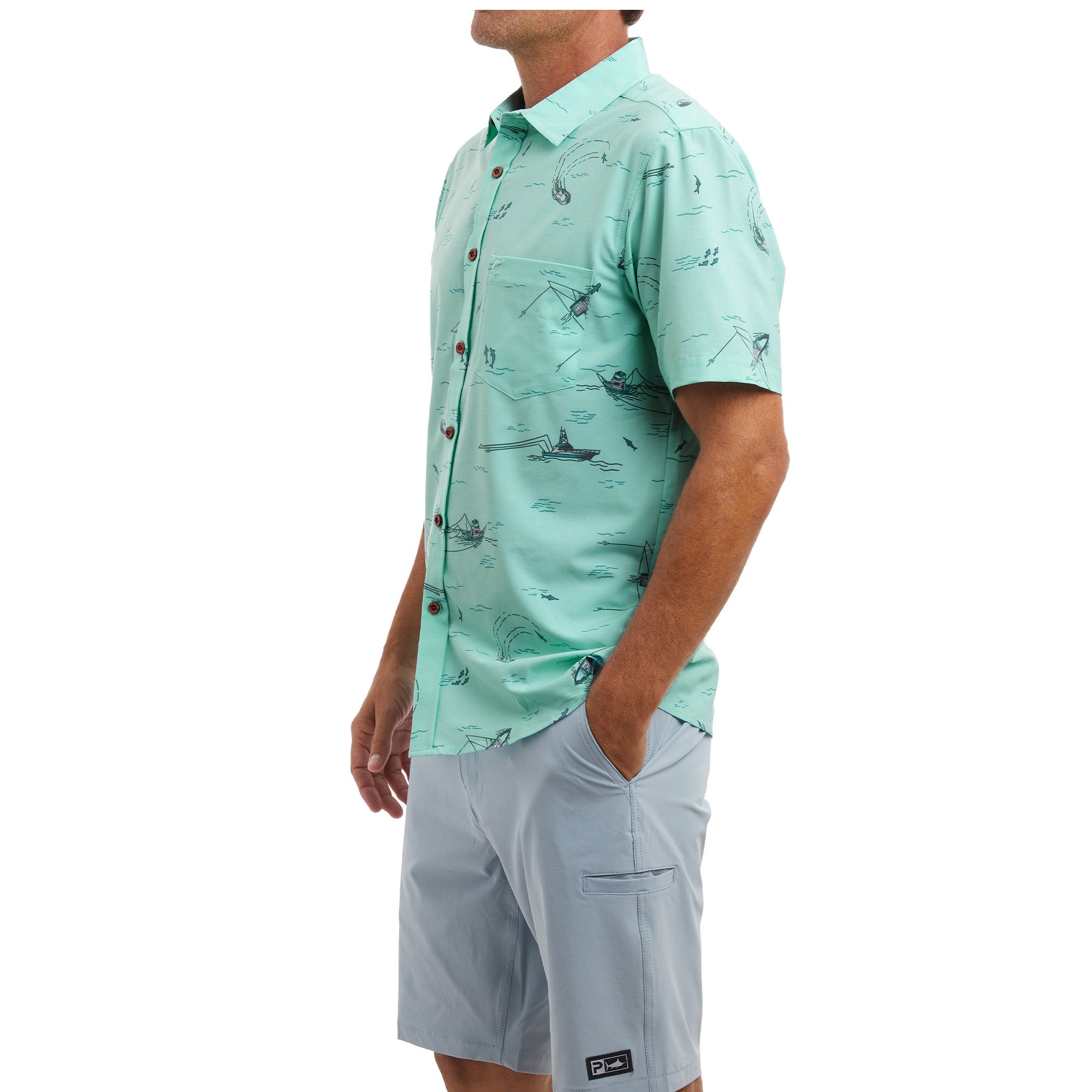 Tropical Aqua Men's Dockside Stretch Woven Trollin Shirt Button Up | PELAGIC AUSTRALIA on Model