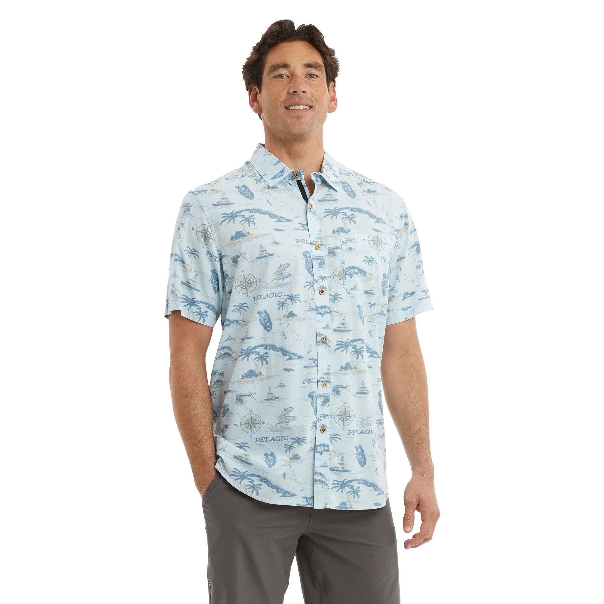 Man wearing a light blue patterned casual button up shirt