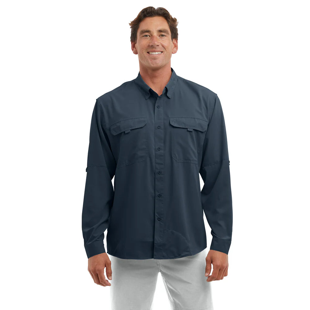 Man wearing a navy long-sleeve keys fishing shirt UPF50+ sun protection