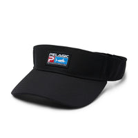 A black sun visor with Pelagic deluxe logo embroidery on the front and an adjustable velcro closure.