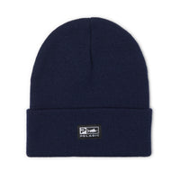 Navy blue beanie with Pelagic logo on a white background