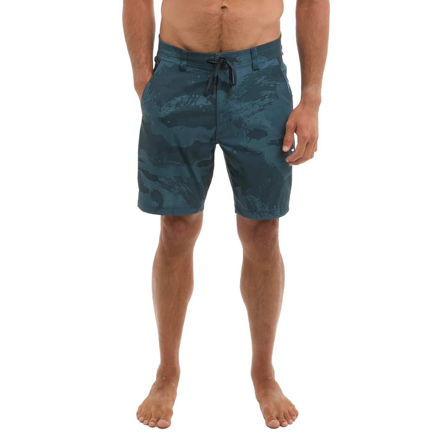 Man wearing blue camouflage board shorts 