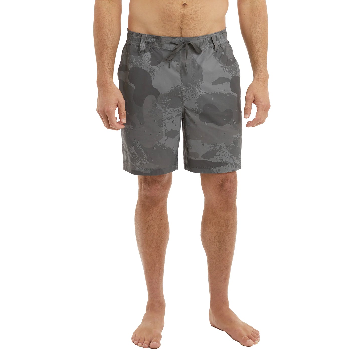 Man wearing grey camouflage swim shorts on a white background