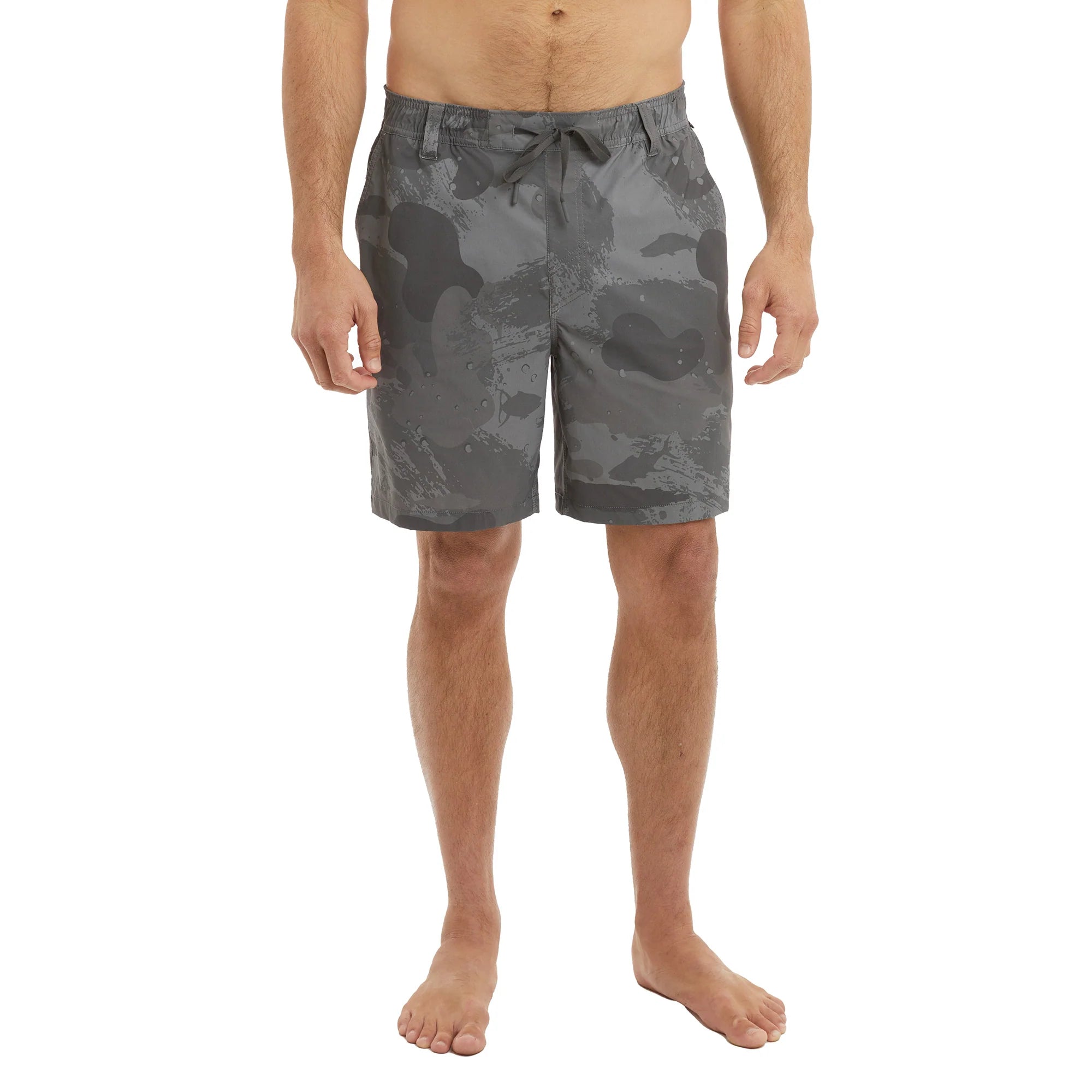 Man wearing grey camouflage swim shorts on a white background