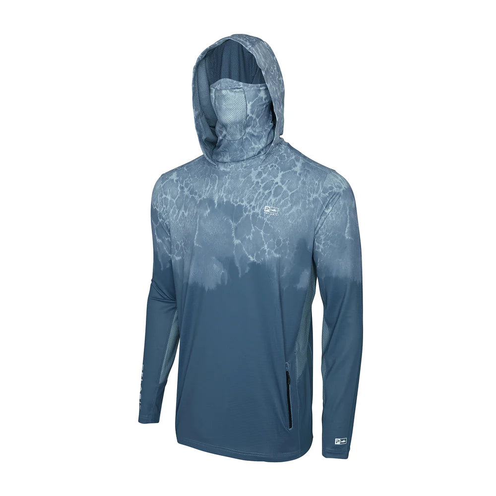 Blue hooded fishing shirt with a pattern on a white background, long sleeve