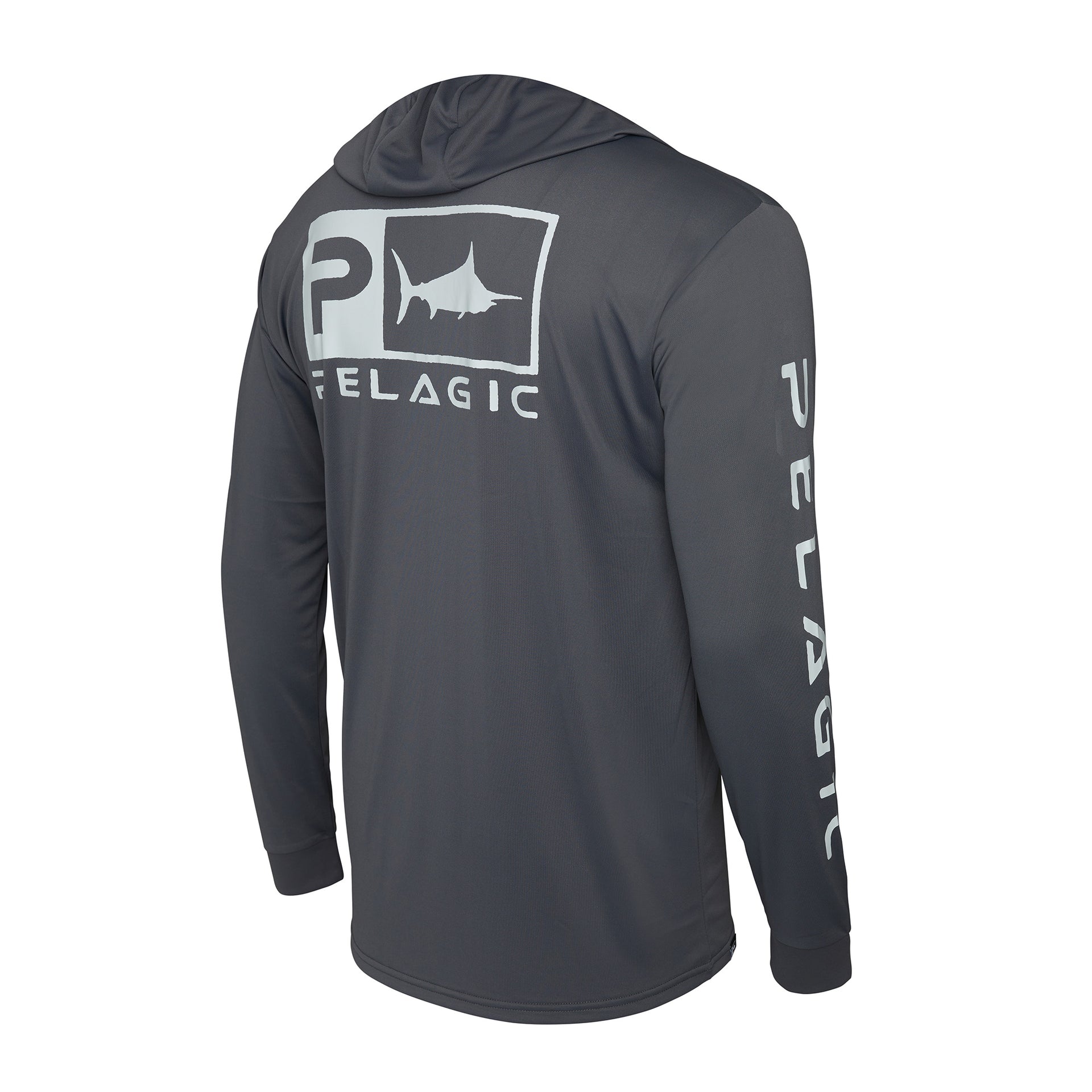 Pelagic Men's Aquatek Hooded Rusted Icon Long Sleeve Fishing Shirt Grey with logo on the back