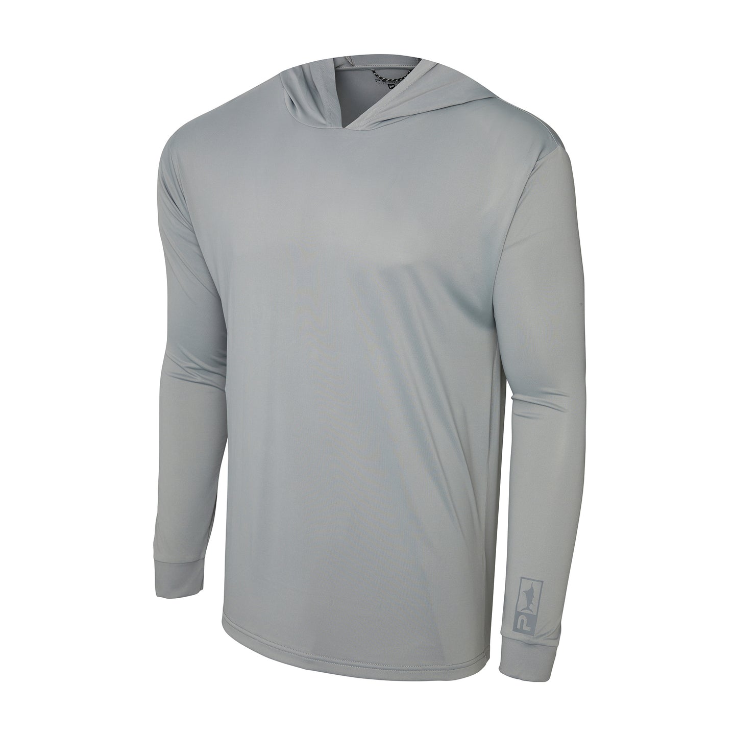 Plain gray long-sleeve hooded fishing shirt from Pelagic Australia 