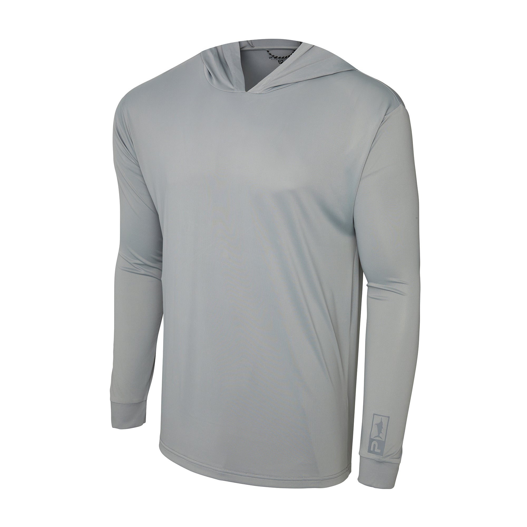 Plain gray long-sleeve hooded fishing shirt from Pelagic Australia 