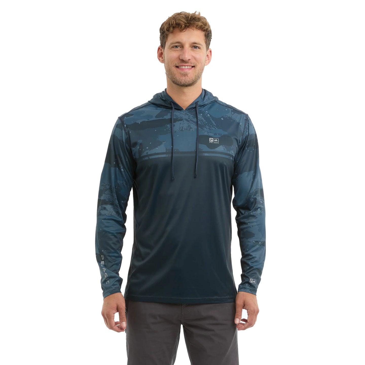 Man wearing a blue camouflage hoodie fishing shirt on a white background