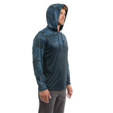 Man wearing a Vaportek blue camouflage hooded Fishing shirt 
