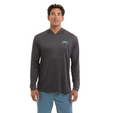 Man wearing a gray long-sleeve shirt with a logo on a white background