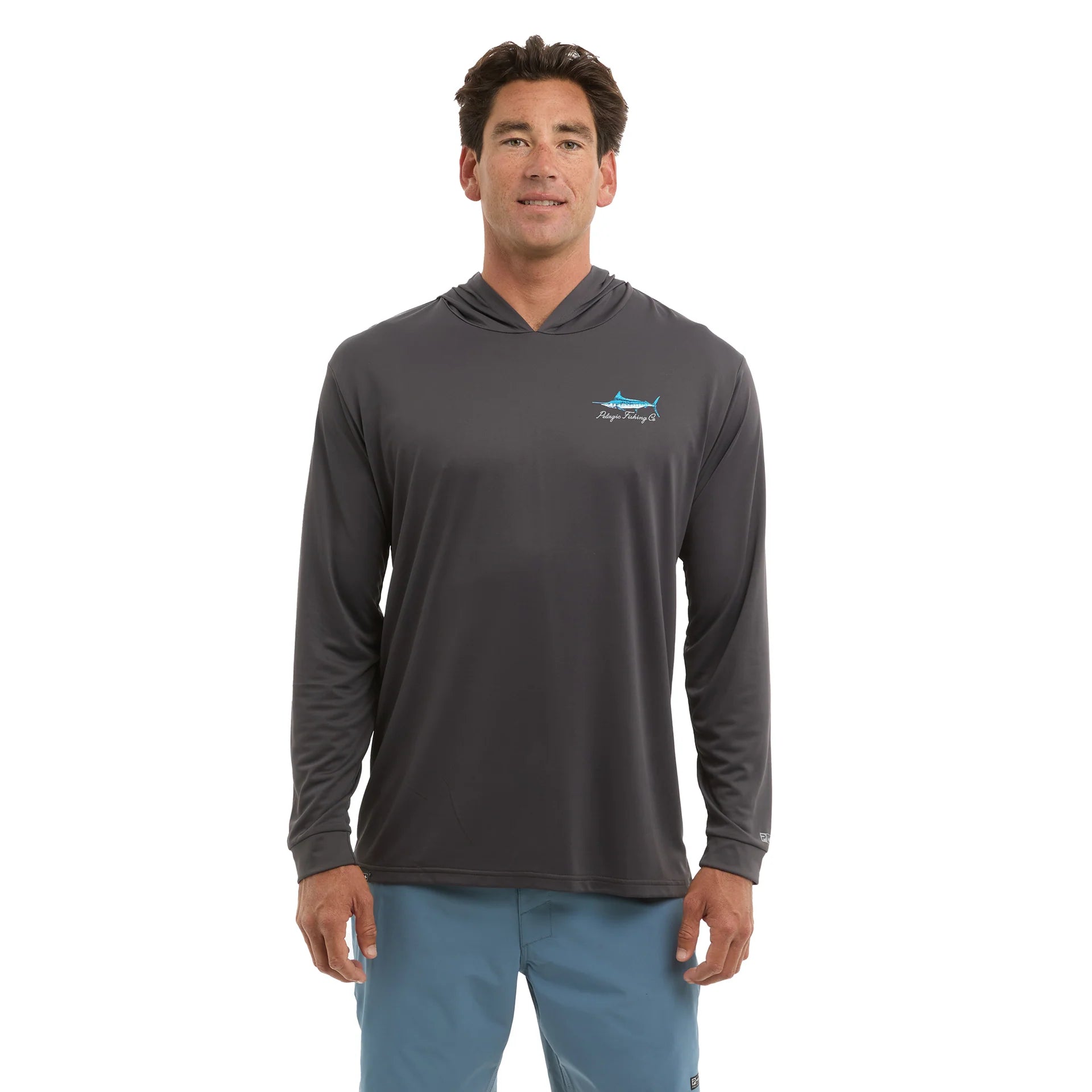 Man wearing a gray long-sleeve shirt with a logo on a white background