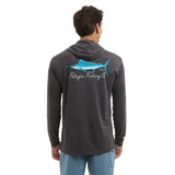 Man wearing a gray hoodie with a fish design and text on the back, on a white background