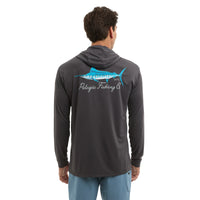Man wearing a gray hoodie with a fish design and text on the back, on a white background