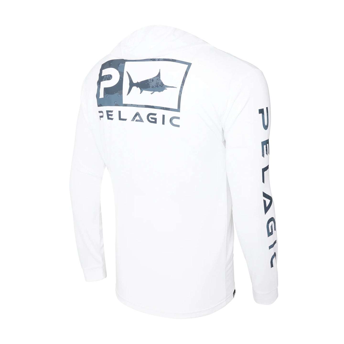 White long-sleeve shirt with Pelagic logo on a white background