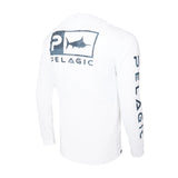 White long-sleeve shirt with Pelagic logo on a white background