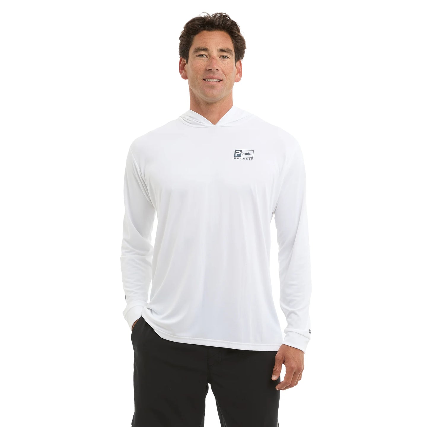 Man wearing white long-sleeve hooded fishing shirt with a Pelagic logo