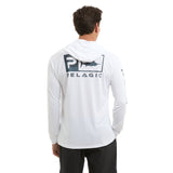 Man wearing a white hoodie fishing shirt with a Pelagic logo on the back against a white background