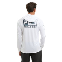 Man wearing a white hoodie fishing shirt with a Pelagic logo on the back against a white background