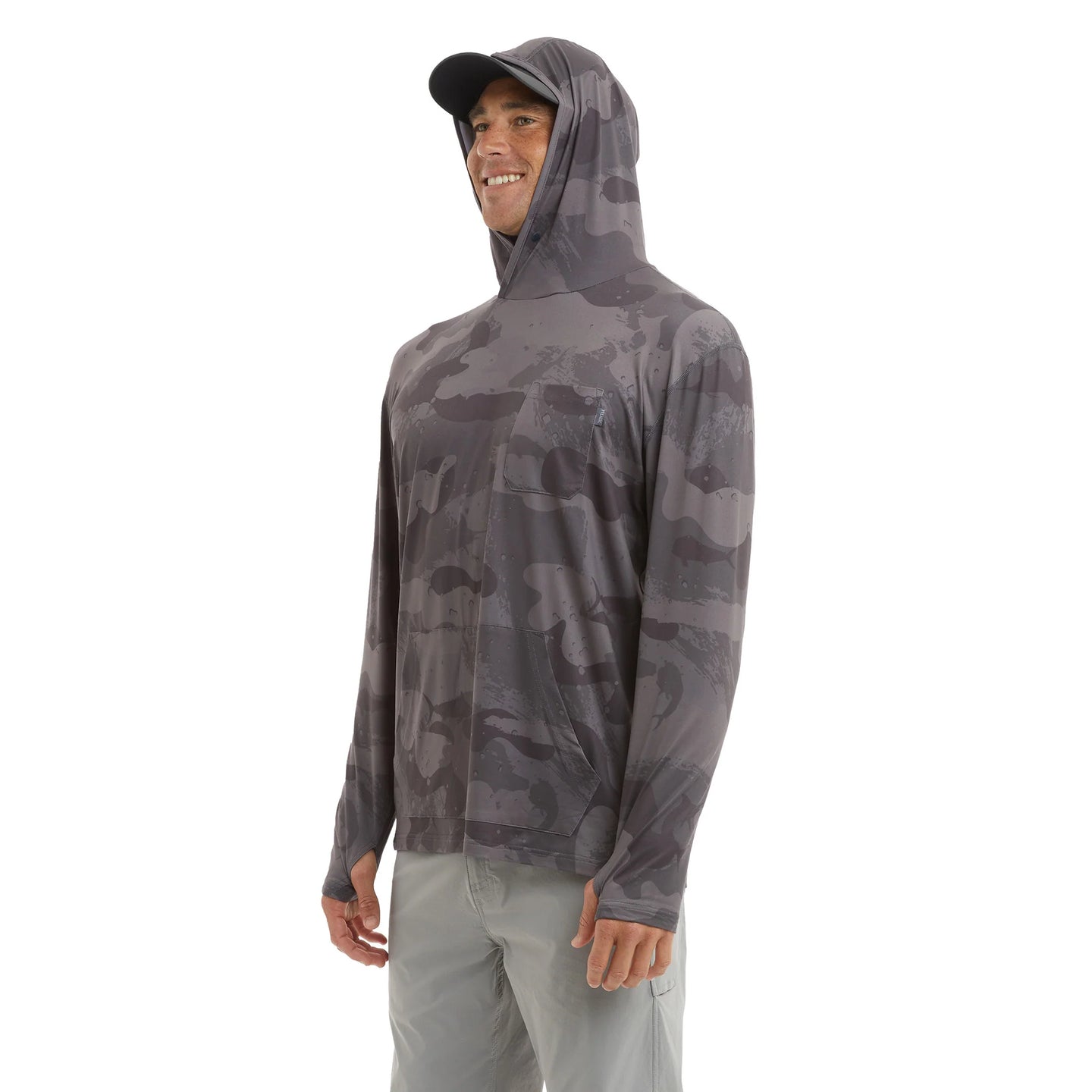 Men's Freespool camouflage hooded long sleeve fishing shirt with kangaroo pockets and front pocket