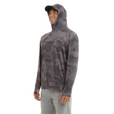 Men's Freespool camouflage hooded long sleeve fishing shirt with kangaroo pockets and front pocket