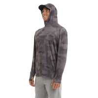 Men's Freespool camouflage hooded long sleeve fishing shirt with kangaroo pockets and front pocket
