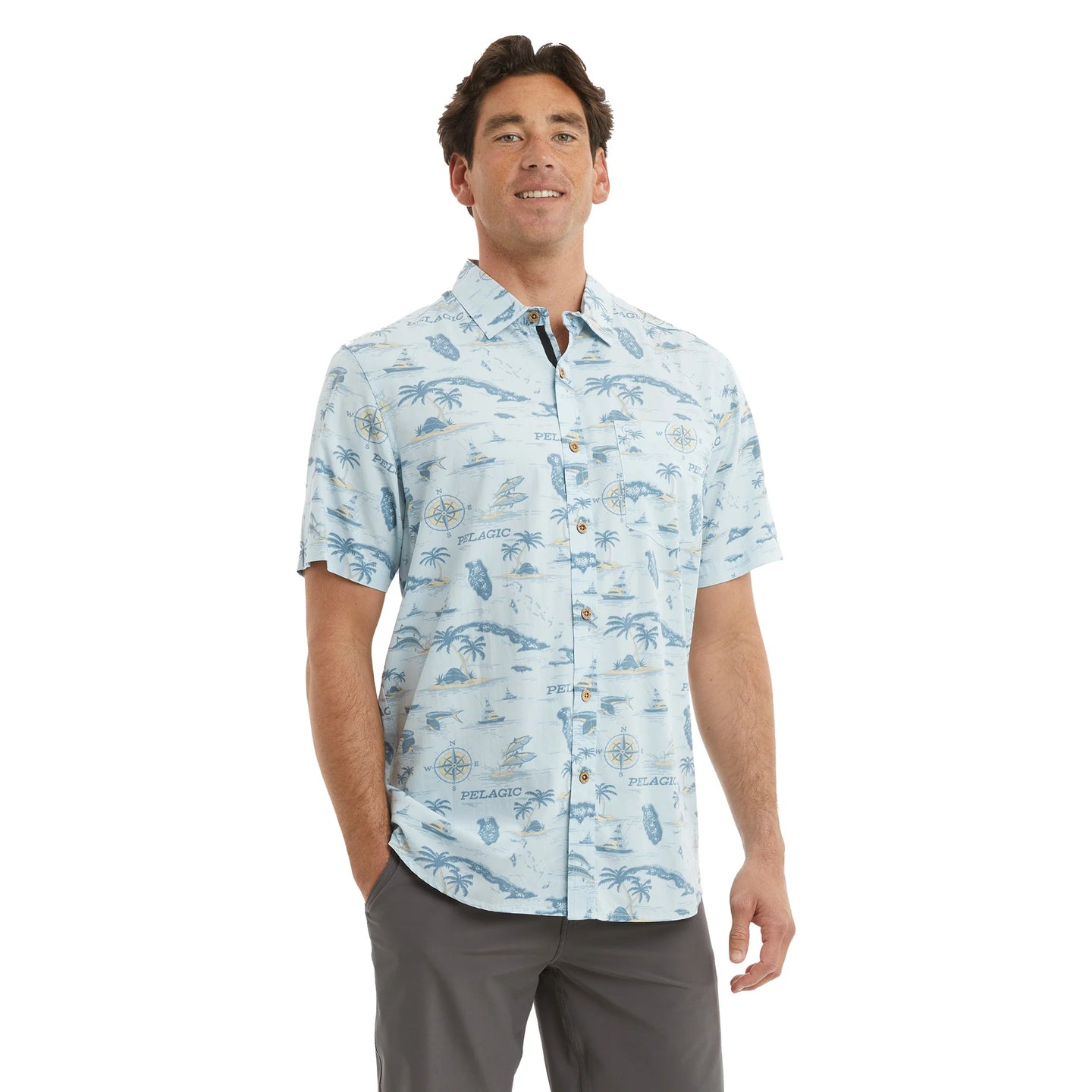 Man wearing a light blue patterned casual button up shirt