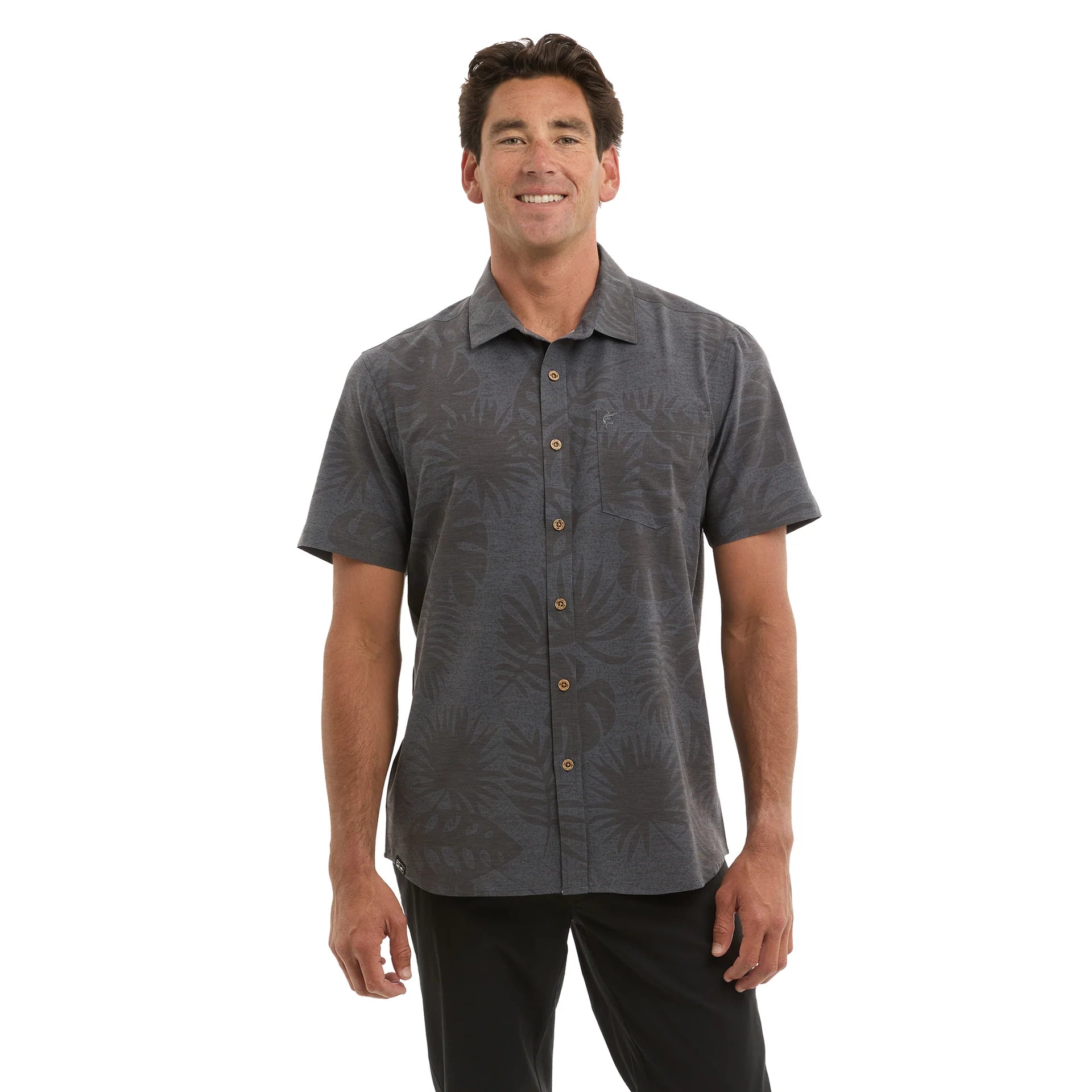 Man wearing a grey patterned shirt 