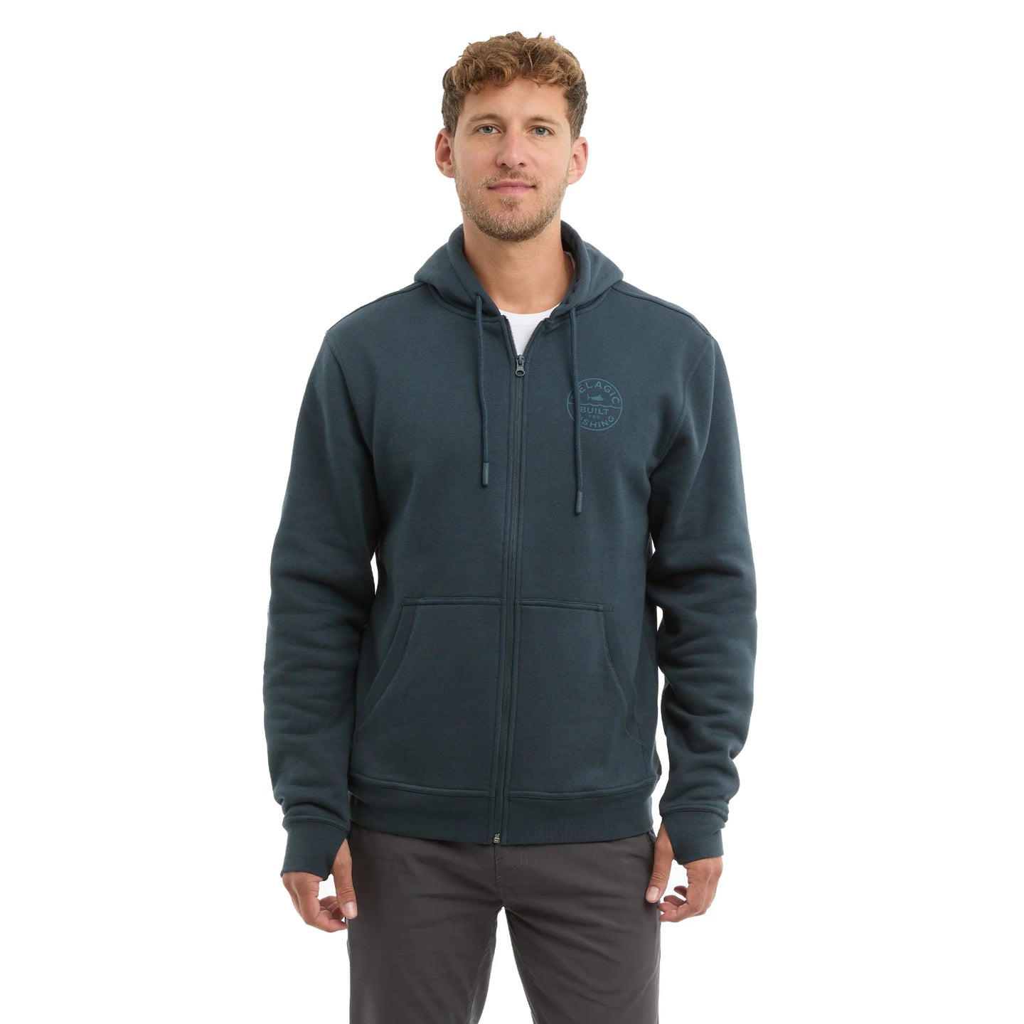 Man wearing a dark green zip up fleece hoodie with kangaroo pockets
