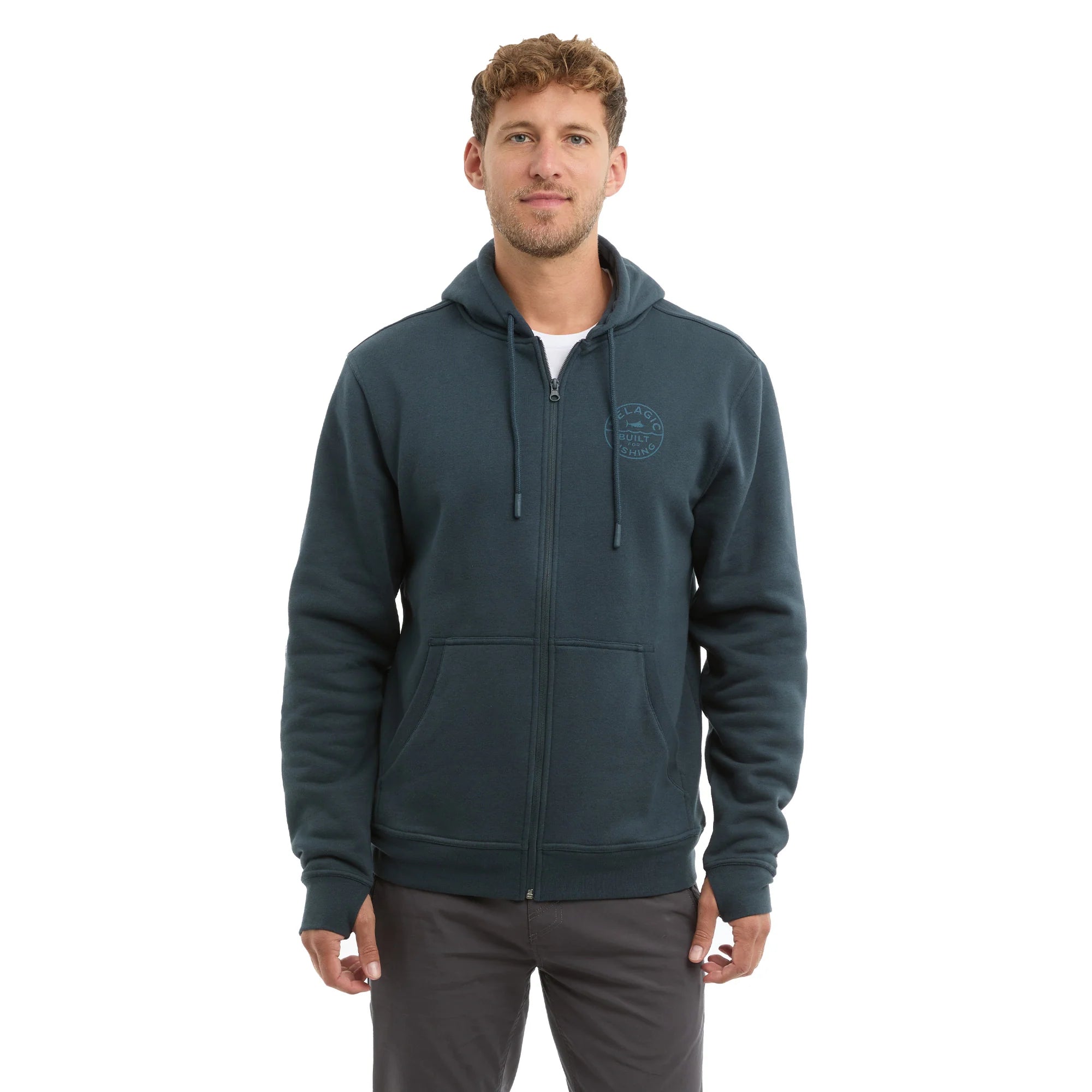 Man wearing a dark green zip up fleece hoodie with kangaroo pockets