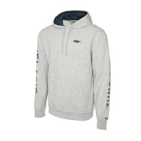 Gray fleece hoodie with Pelagic branding and tuna fish
