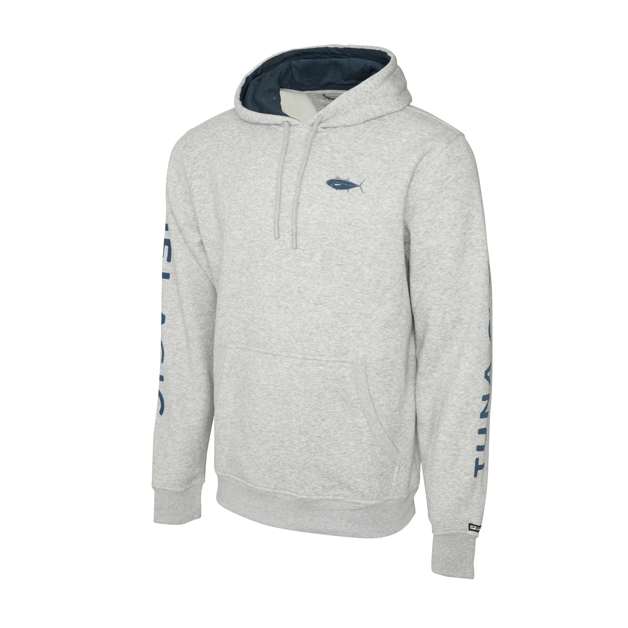 Gray fleece hoodie with Pelagic branding and tuna fish