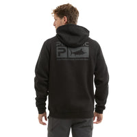 Person wearing a black hoodie with a Pelagic brand logo on the back, standing against a white background