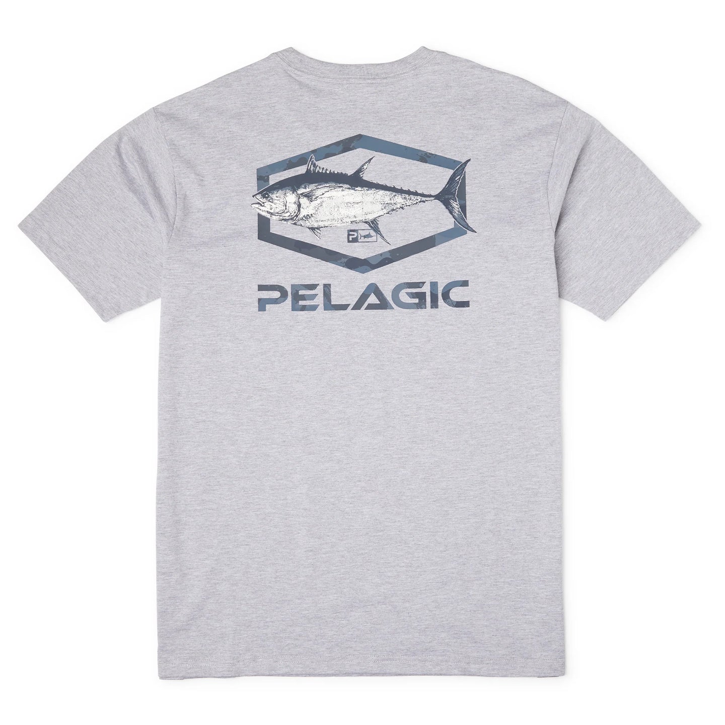 Gray t-shirt with fish graphic and 'Pelagic' branding on a white background