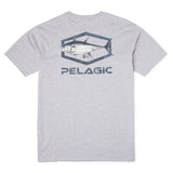 Gray t-shirt with fish graphic and 'Pelagic' branding on a white background