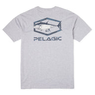 Gray t-shirt with fish graphic and 'Pelagic' branding on a white background