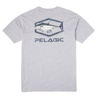 Gray t-shirt with fish graphic and 'Pelagic' branding on a white background