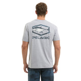 Man wearing a gray t-shirt with a fish design and 'Pelagic' branding on the back.